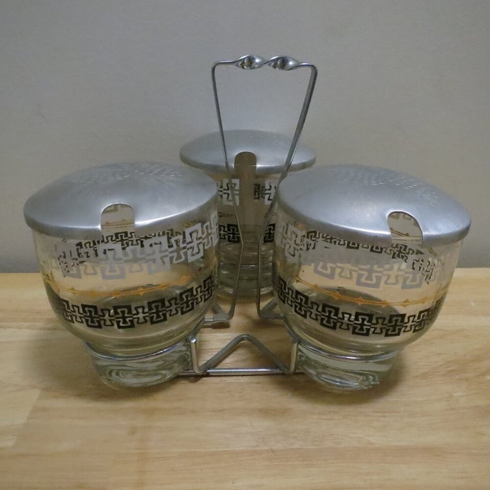 Libbey Glass Condiment Jar Trio w/Metal Lids & Metal Stand Vintage MCM